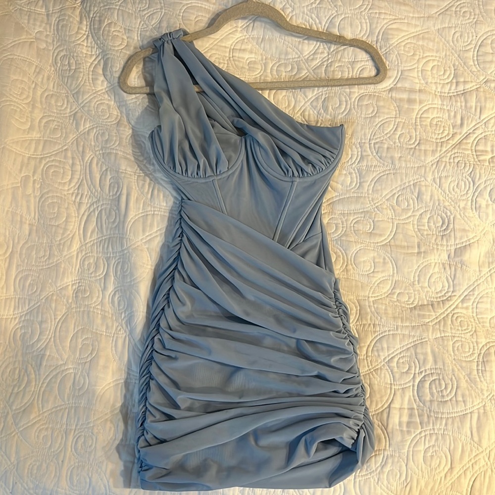 House of CB Clementine Cut-out Ruched Minidress. Light Blue. XS